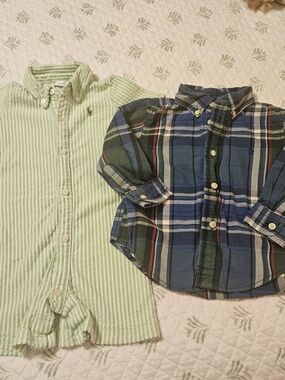 Ralph Lauren Light Green Striped Romper + Plaid Button-Down Set 12 Mo Polo